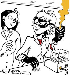 The everyday work of in research, with the security measures (note the goggles, gloves, and the vent to evacuate the fumes) The everyday work of in research, with the security measures (note the goggles, gloves, and the vent to evacuate the fumes)