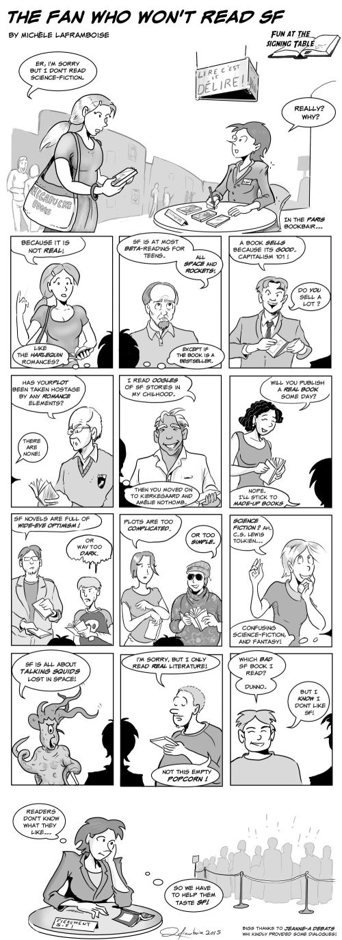 The Fan who won't read SF - Art by Michele Laframboise, with the kind help from Jeanne-A Debats. 