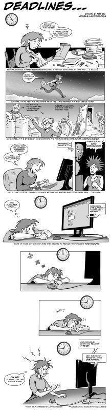 The evolution of the SF magazines submission system in comic form, from paper to the advanced Internet systems