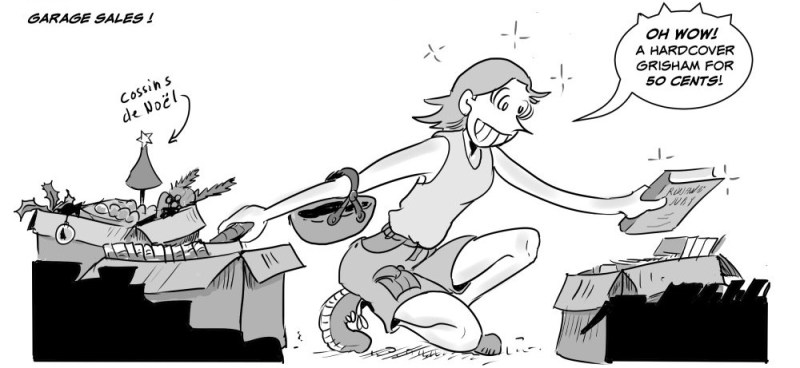 The happy author finding treasures in garage sales